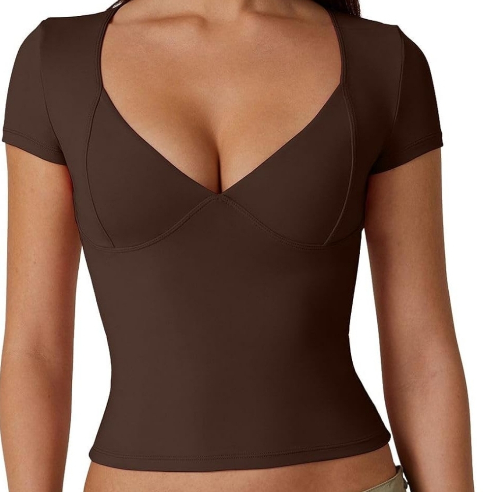 Women's V Neck Short Sleeve T Shirts Double Lined Tee Seamed Cup Going Out Tops